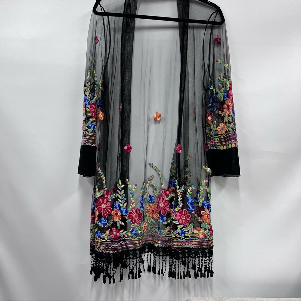 Floral Embroidered Sheer Kimono swim coverup mesh - Picture 7 of 14